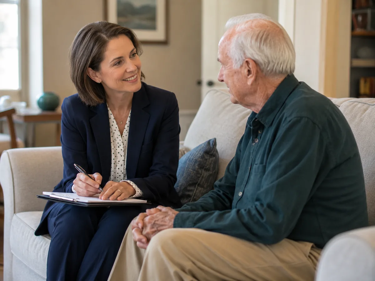 Elder law attorney reviewing a plan with a Midwest City, OK senior at home