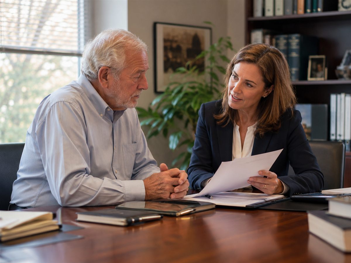 Probate attorney guiding a client through estate paperwork