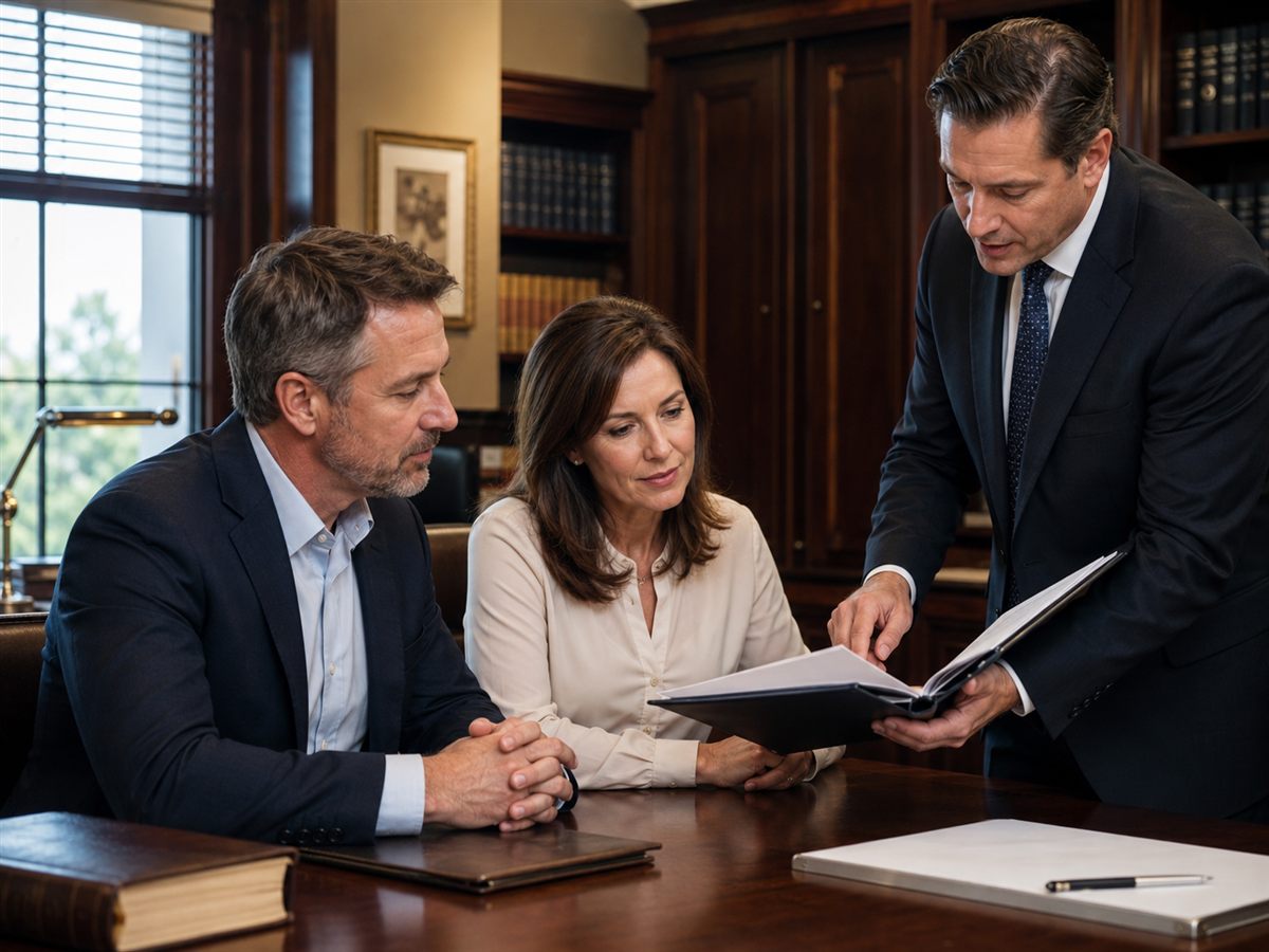 Probate attorney reviewing an estate file with a Del City, OK couple