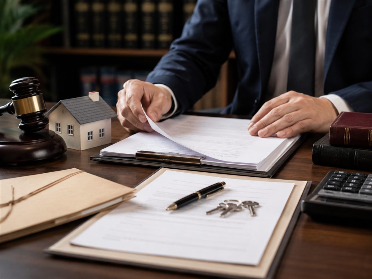 Estate documents, house keys, and gavel on a probate desk